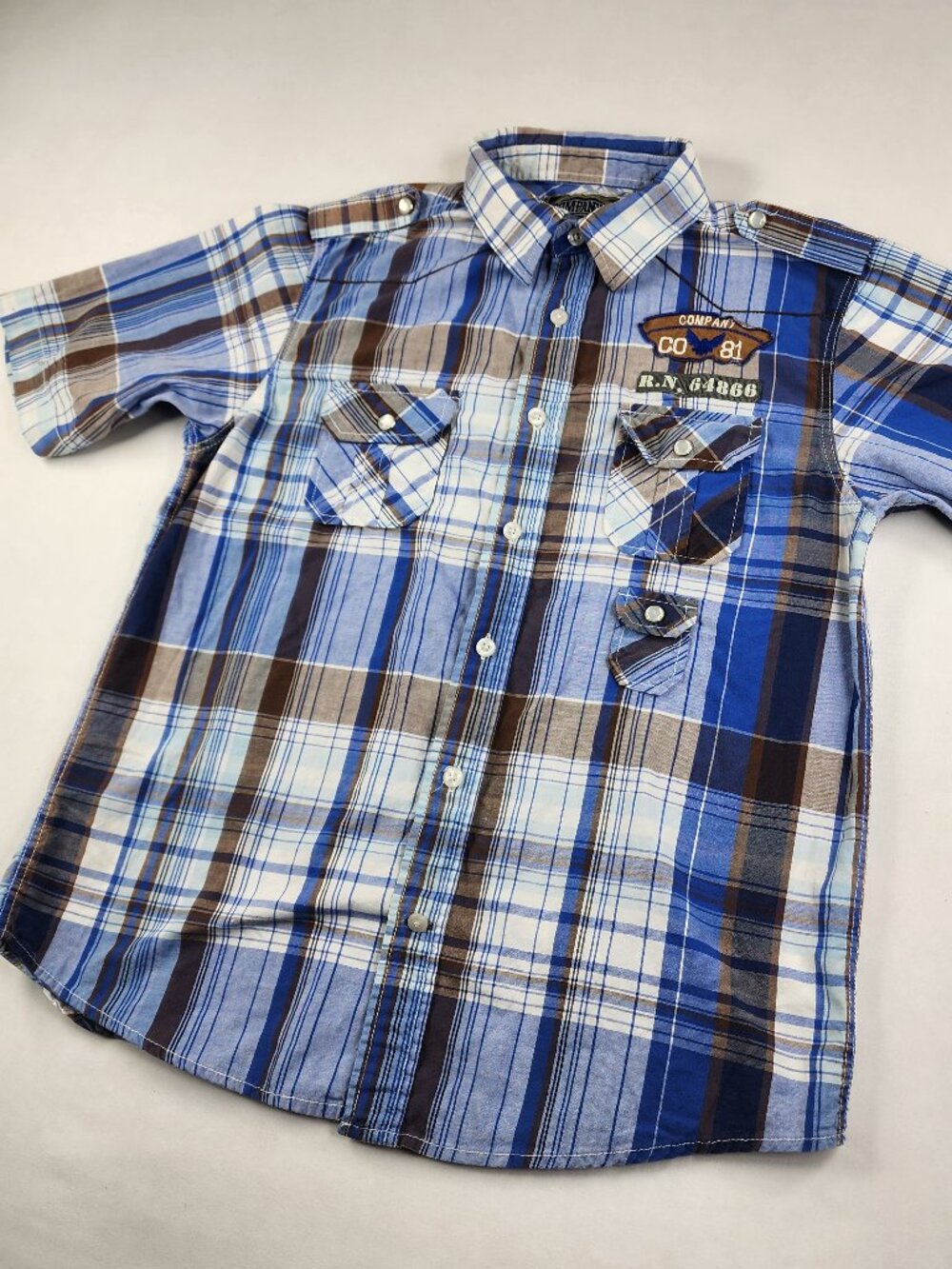 Company 81 Boys Large Blue Brown Pearl Snap Button Shirt Western Military FLAW
